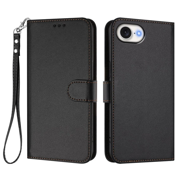 For iPhone 17e / 16e Leather Case Wallet Stand Phone Cover with Wrist Strap - Black - 1