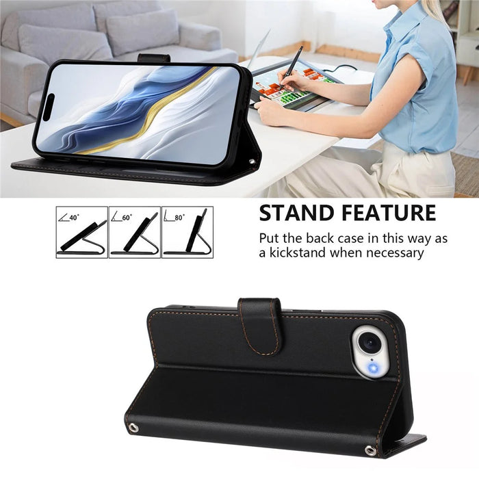 For iPhone 17e / 16e Leather Case Wallet Stand Phone Cover with Wrist Strap - Black - 2