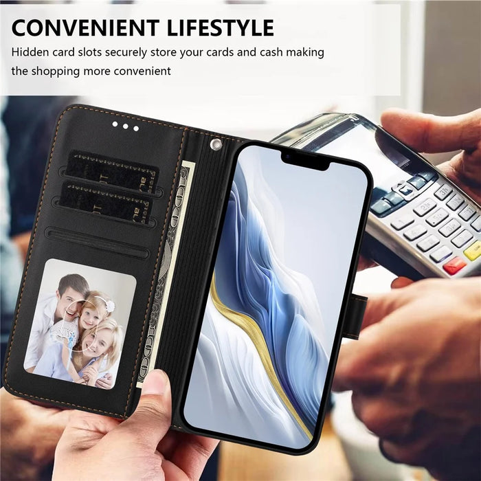 For iPhone 17e / 16e Leather Case Wallet Stand Phone Cover with Wrist Strap - Black - 7