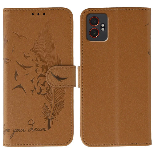 For Samsung Galaxy XCover7 Pro Case Feather Imprint PU Leather Wallet Phone Cover - Brown - 1