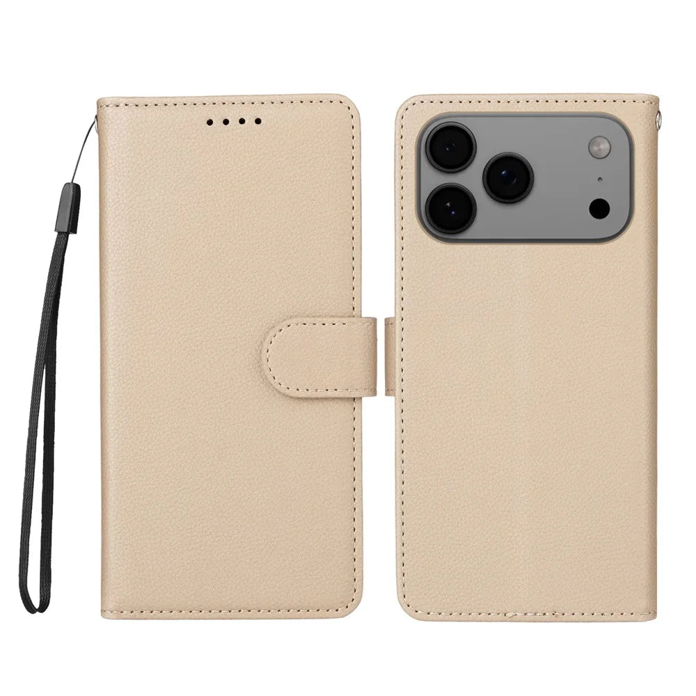 For iPhone 18 Pro Max / 17 Pro Max Case RFID Blocking 3 Card Slots PU Leather Phone Cover with Wrist Strap - Creamy White - 1