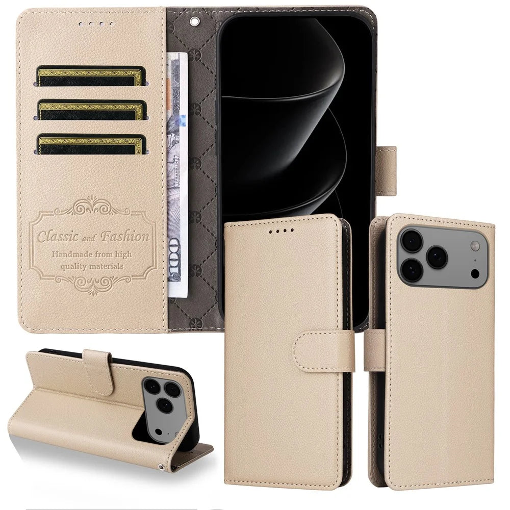 For iPhone 18 Pro Max / 17 Pro Max Case RFID Blocking 3 Card Slots PU Leather Phone Cover with Wrist Strap - Creamy White - 3
