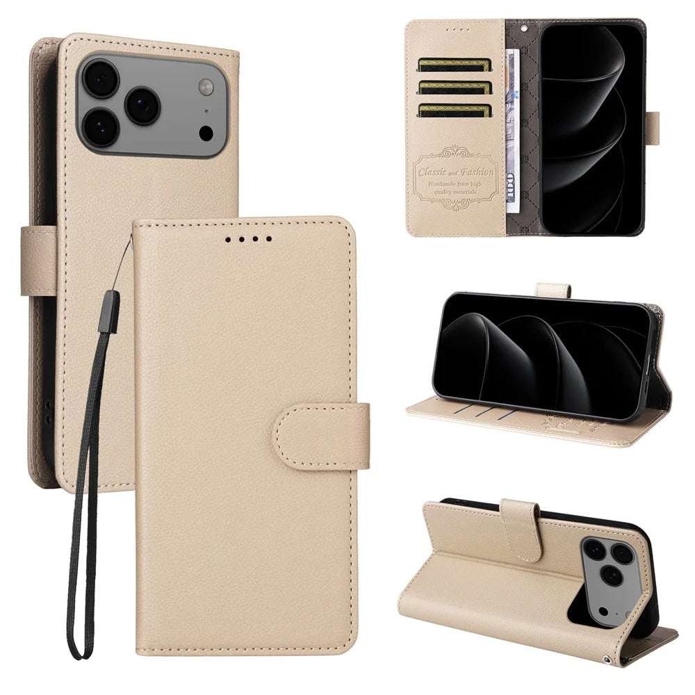 For iPhone 18 Pro Max / 17 Pro Max Case RFID Blocking 3 Card Slots PU Leather Phone Cover with Wrist Strap - Creamy White - 4