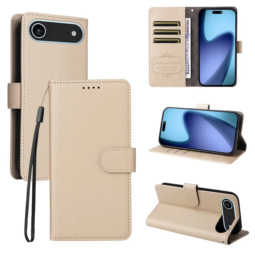 For iPhone Air Case RFID Blocking 3 Card Slots PU Leather Phone Cover with Wrist Strap - Creamy White - 4