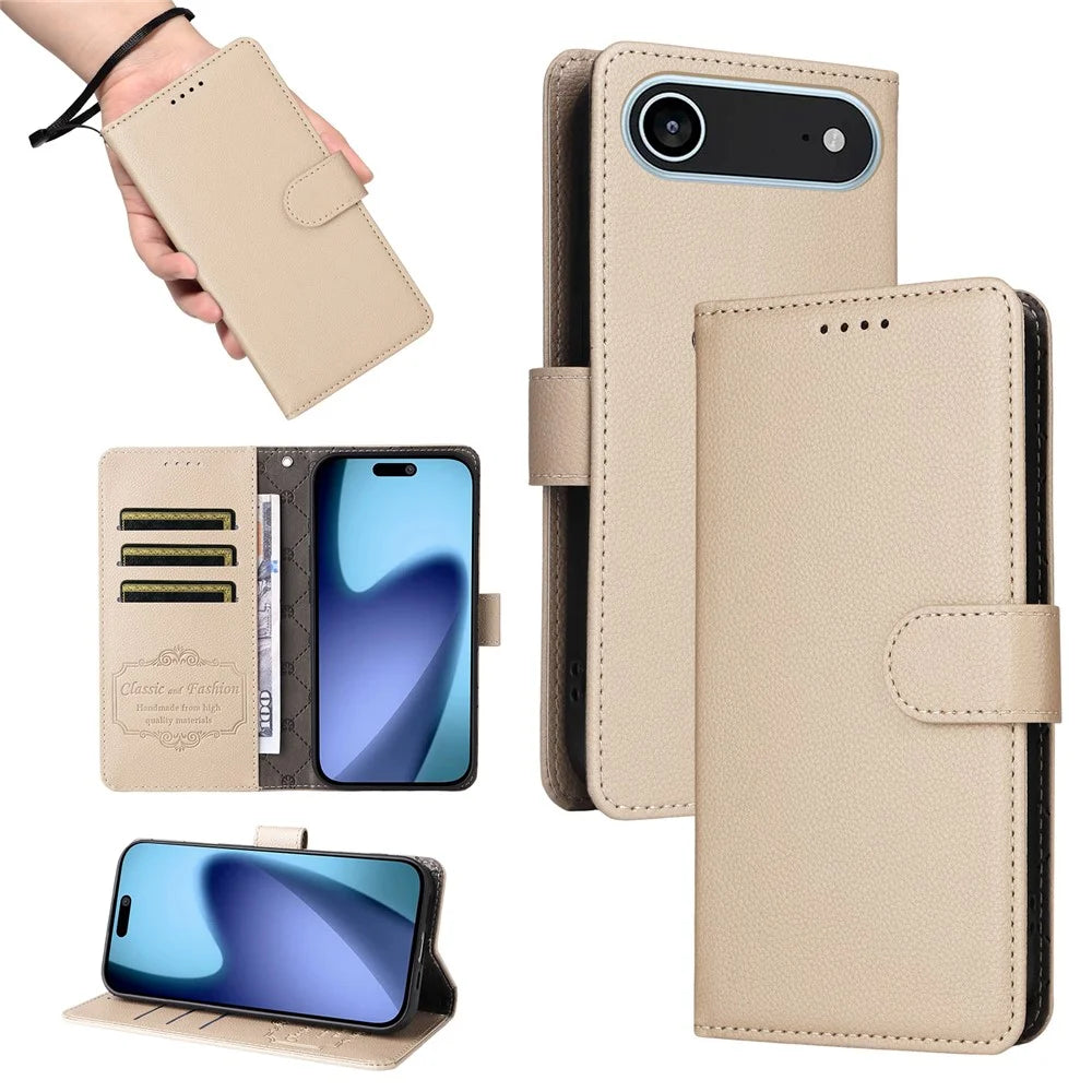 For iPhone Air Case RFID Blocking 3 Card Slots PU Leather Phone Cover with Wrist Strap - Creamy White - 5