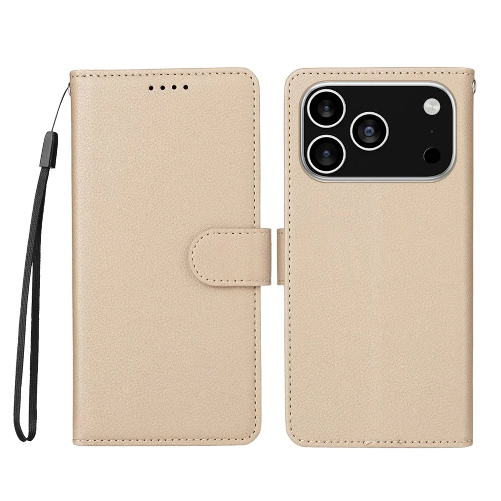 For iPhone 18 Pro / 17 Pro Case RFID Blocking 3 Card Slots PU Leather Phone Cover with Wrist Strap - Creamy White - 1