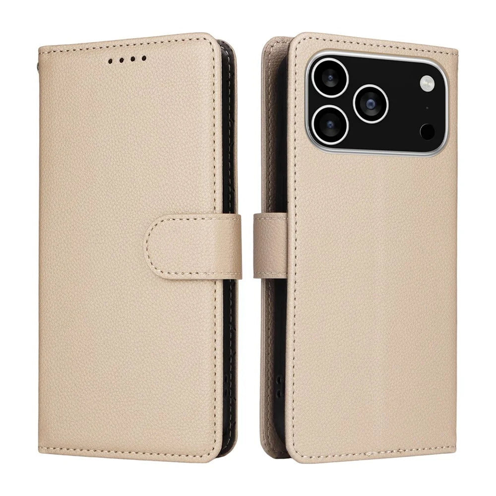 For iPhone 18 Pro / 17 Pro Case RFID Blocking 3 Card Slots PU Leather Phone Cover with Wrist Strap - Creamy White - 2