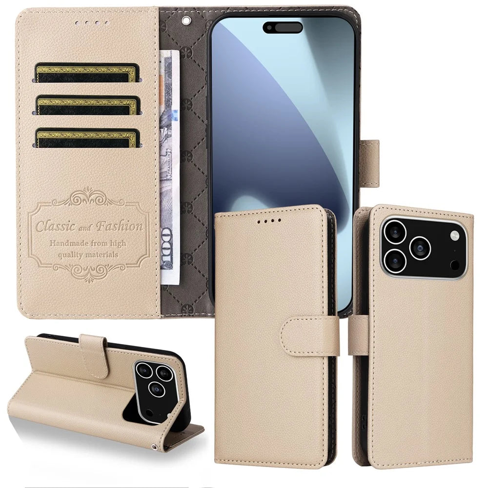 For iPhone 18 Pro / 17 Pro Case RFID Blocking 3 Card Slots PU Leather Phone Cover with Wrist Strap - Creamy White - 3