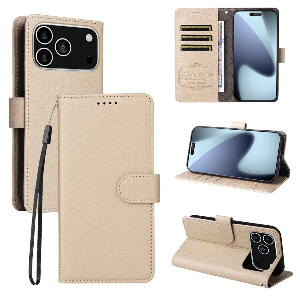 For iPhone 18 Pro / 17 Pro Case RFID Blocking 3 Card Slots PU Leather Phone Cover with Wrist Strap - Creamy White - 4