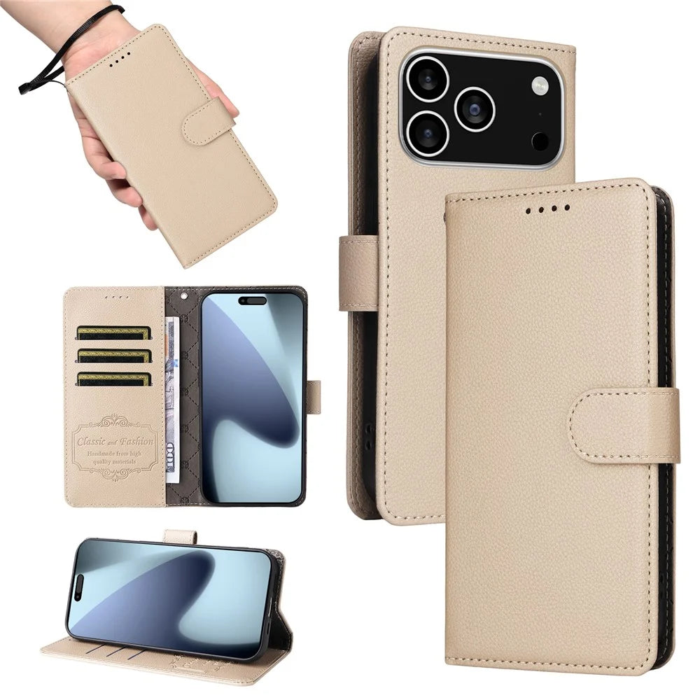 For iPhone 18 Pro / 17 Pro Case RFID Blocking 3 Card Slots PU Leather Phone Cover with Wrist Strap - Creamy White - 5