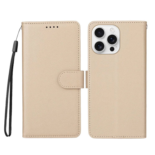 For iPhone 16 Pro Max Case RFID Blocking 3 Card Slots PU Leather Phone Cover with Wrist Strap - Creamy White - 1
