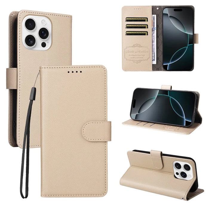 For iPhone 16 Pro Max Case RFID Blocking 3 Card Slots PU Leather Phone Cover with Wrist Strap - Creamy White - 4