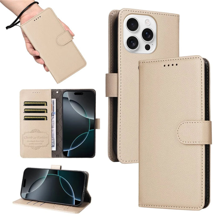For iPhone 16 Pro Max Case RFID Blocking 3 Card Slots PU Leather Phone Cover with Wrist Strap - Creamy White - 5
