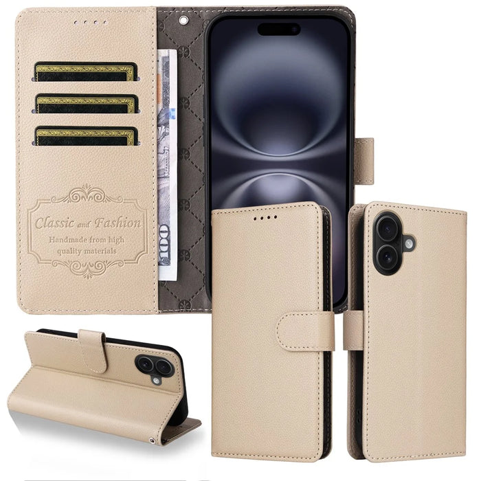 For iPhone 16 Plus Case RFID Blocking 3 Card Slots PU Leather Phone Cover with Wrist Strap - Creamy White - 3