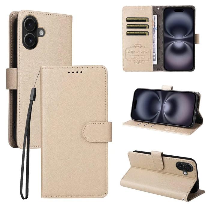 For iPhone 16 Plus Case RFID Blocking 3 Card Slots PU Leather Phone Cover with Wrist Strap - Creamy White - 4
