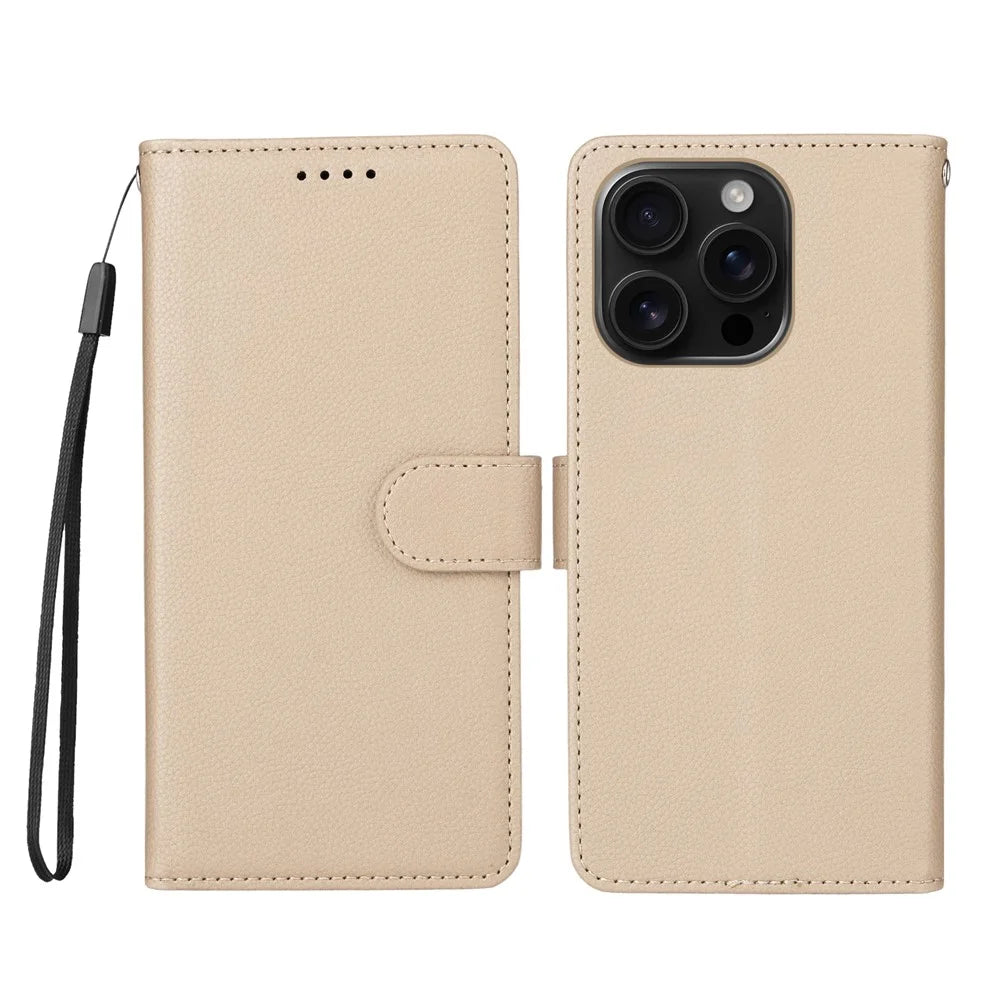 For iPhone 16 Pro Case RFID Blocking 3 Card Slots PU Leather Phone Cover with Wrist Strap - Creamy White - 1