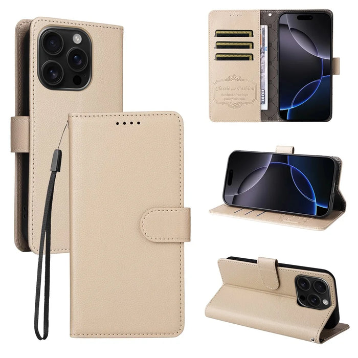 For iPhone 16 Pro Case RFID Blocking 3 Card Slots PU Leather Phone Cover with Wrist Strap - Creamy White - 4