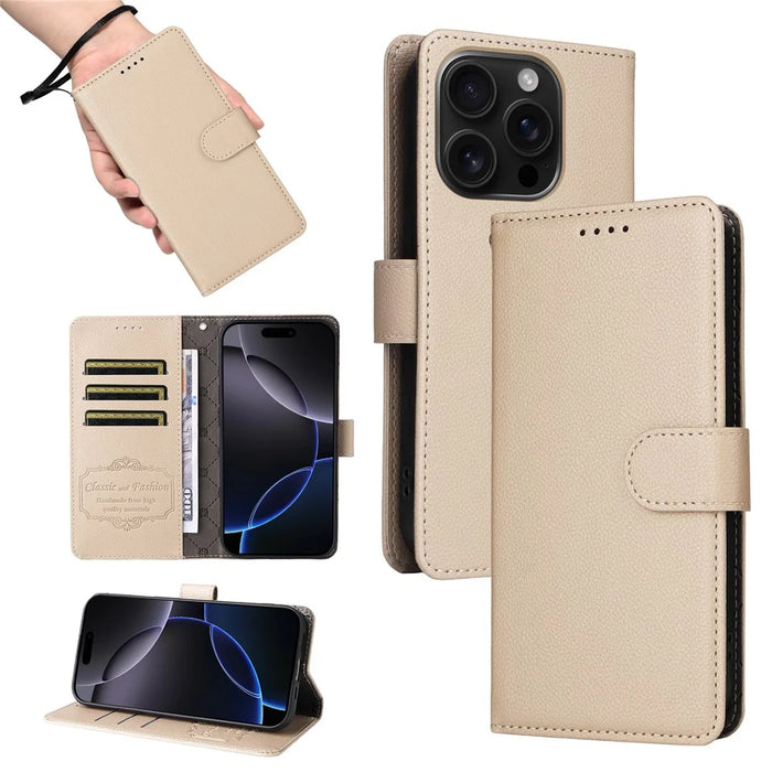 For iPhone 16 Pro Case RFID Blocking 3 Card Slots PU Leather Phone Cover with Wrist Strap - Creamy White - 5