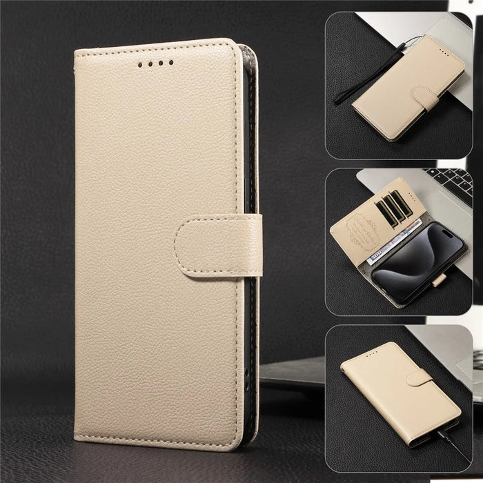 For iPhone 16 Pro Case RFID Blocking 3 Card Slots PU Leather Phone Cover with Wrist Strap - Creamy White - 7