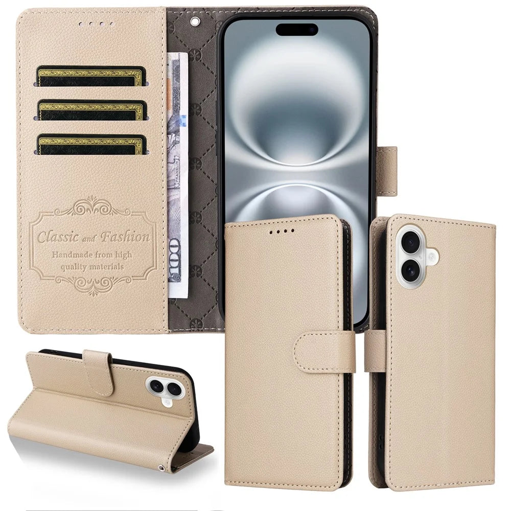 For iPhone 16 Case RFID Blocking 3 Card Slots PU Leather Phone Cover with Wrist Strap - Creamy White - 3