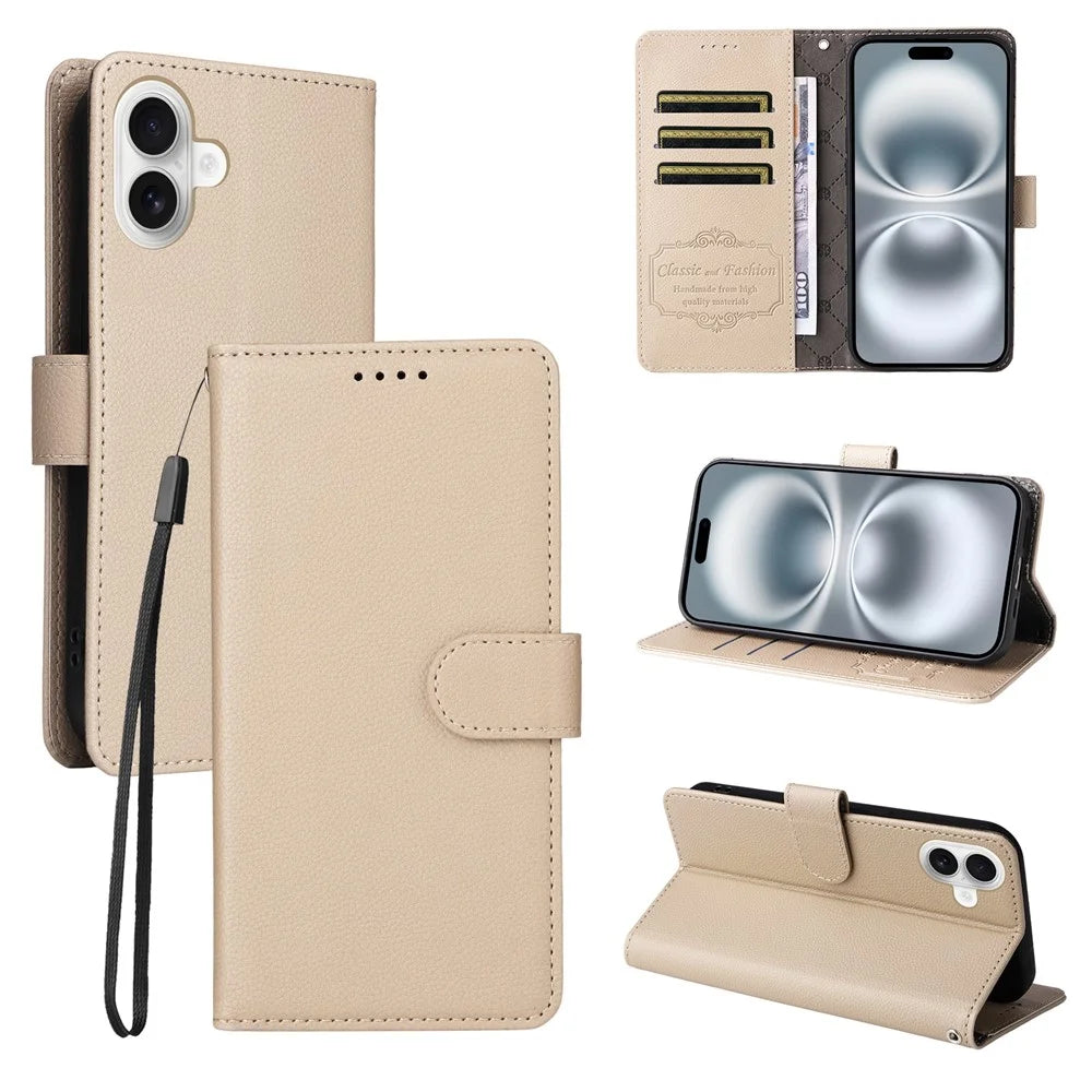For iPhone 16 Case RFID Blocking 3 Card Slots PU Leather Phone Cover with Wrist Strap - Creamy White - 4