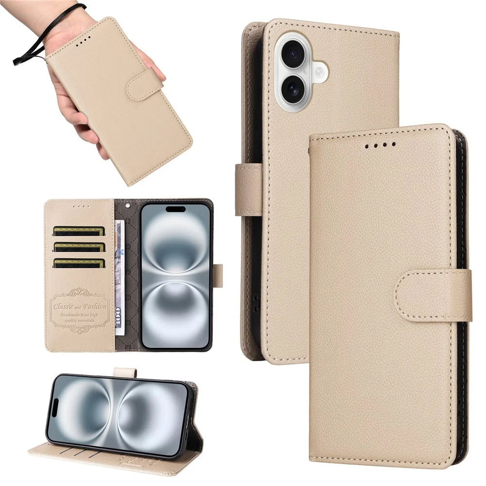 For iPhone 16 Case RFID Blocking 3 Card Slots PU Leather Phone Cover with Wrist Strap - Creamy White - 5