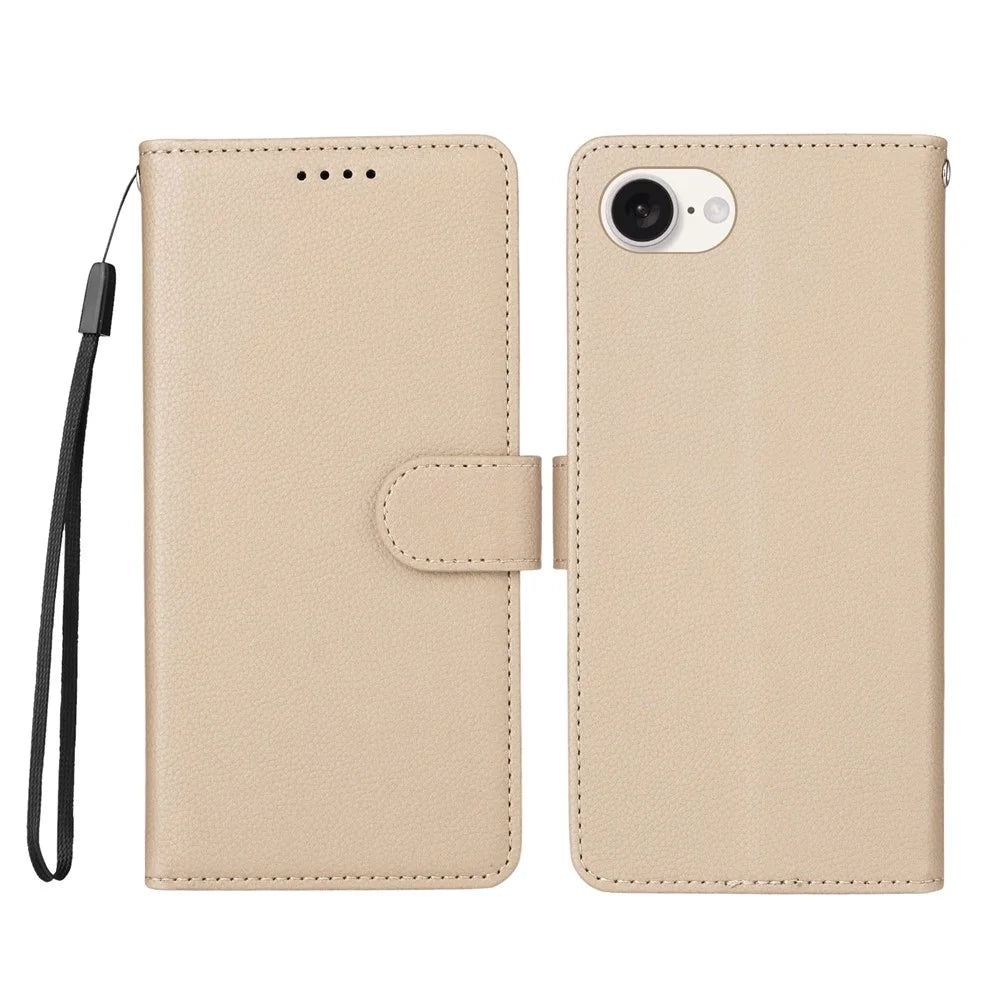 For iPhone 17e / 16e Case RFID Blocking 3 Card Slots PU Leather Phone Cover with Wrist Strap - Creamy White - 1