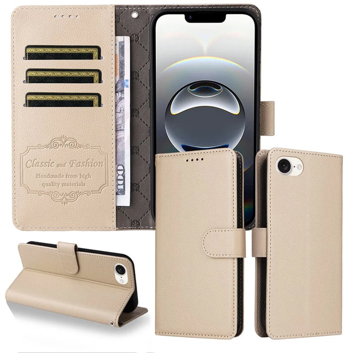 For iPhone 17e / 16e Case RFID Blocking 3 Card Slots PU Leather Phone Cover with Wrist Strap - Creamy White - 3