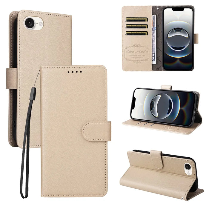 For iPhone 17e / 16e Case RFID Blocking 3 Card Slots PU Leather Phone Cover with Wrist Strap - Creamy White - 4