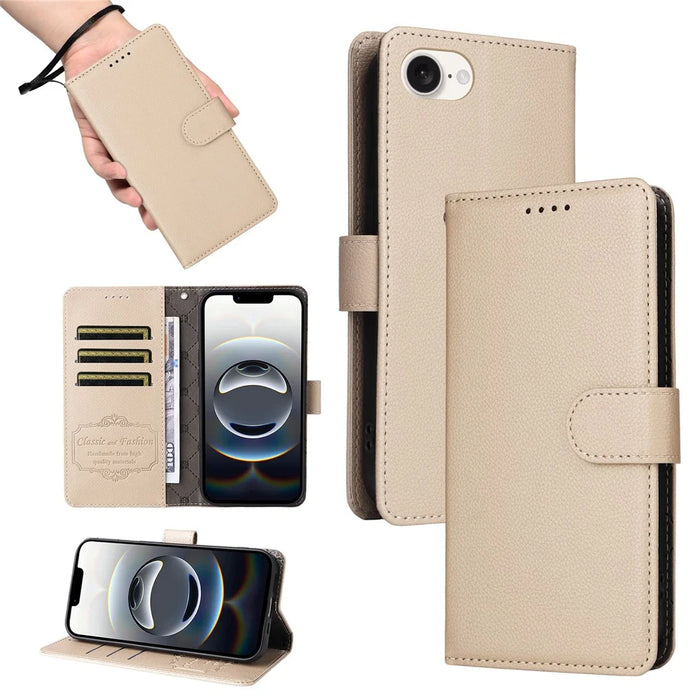 For iPhone 17e / 16e Case RFID Blocking 3 Card Slots PU Leather Phone Cover with Wrist Strap - Creamy White - 5
