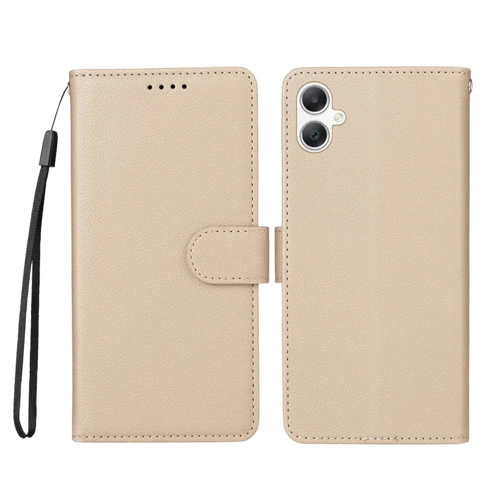 For Samsung Galaxy A08 5G / A08 4G / A07 4G / A06 4G / A06 5G Case RFID Blocking 3 Card Slots PU Leather Phone Cover with Wrist Strap - Creamy White - 1