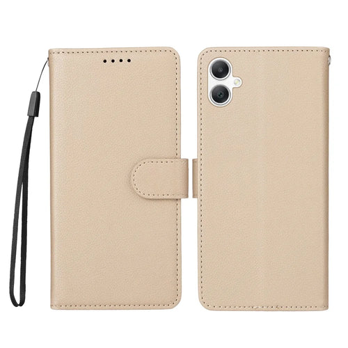 For Samsung Galaxy A08 5G / A08 4G / A07 4G / A06 4G / A06 5G Case RFID Blocking 3 Card Slots PU Leather Phone Cover with Wrist Strap - Creamy White - 1