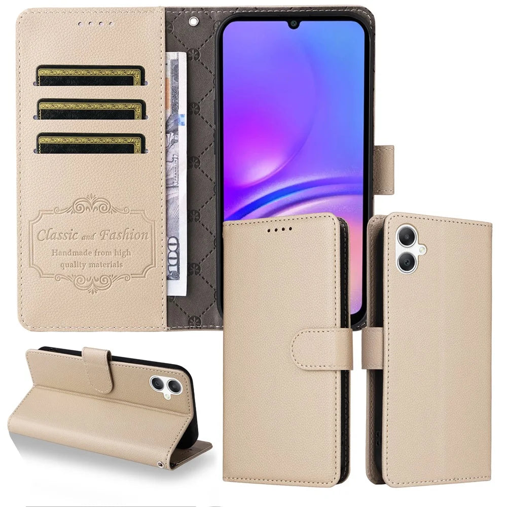 For Samsung Galaxy A08 5G / A08 4G / A07 4G / A06 4G / A06 5G Case RFID Blocking 3 Card Slots PU Leather Phone Cover with Wrist Strap - Creamy White - 3