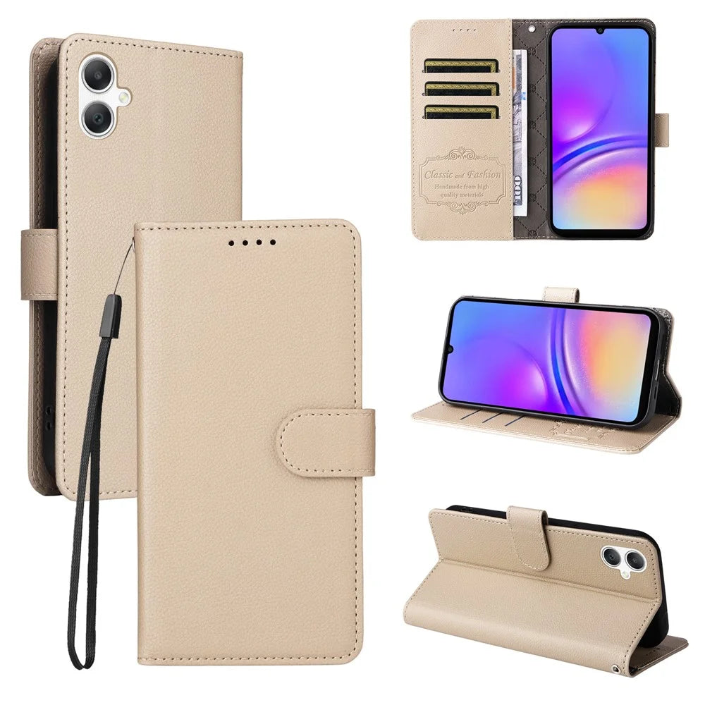 For Samsung Galaxy A08 5G / A08 4G / A07 4G / A06 4G / A06 5G Case RFID Blocking 3 Card Slots PU Leather Phone Cover with Wrist Strap - Creamy White - 4