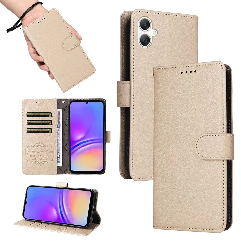 For Samsung Galaxy A08 5G / A08 4G / A07 4G / A06 4G / A06 5G Case RFID Blocking 3 Card Slots PU Leather Phone Cover with Wrist Strap - Creamy White - 5