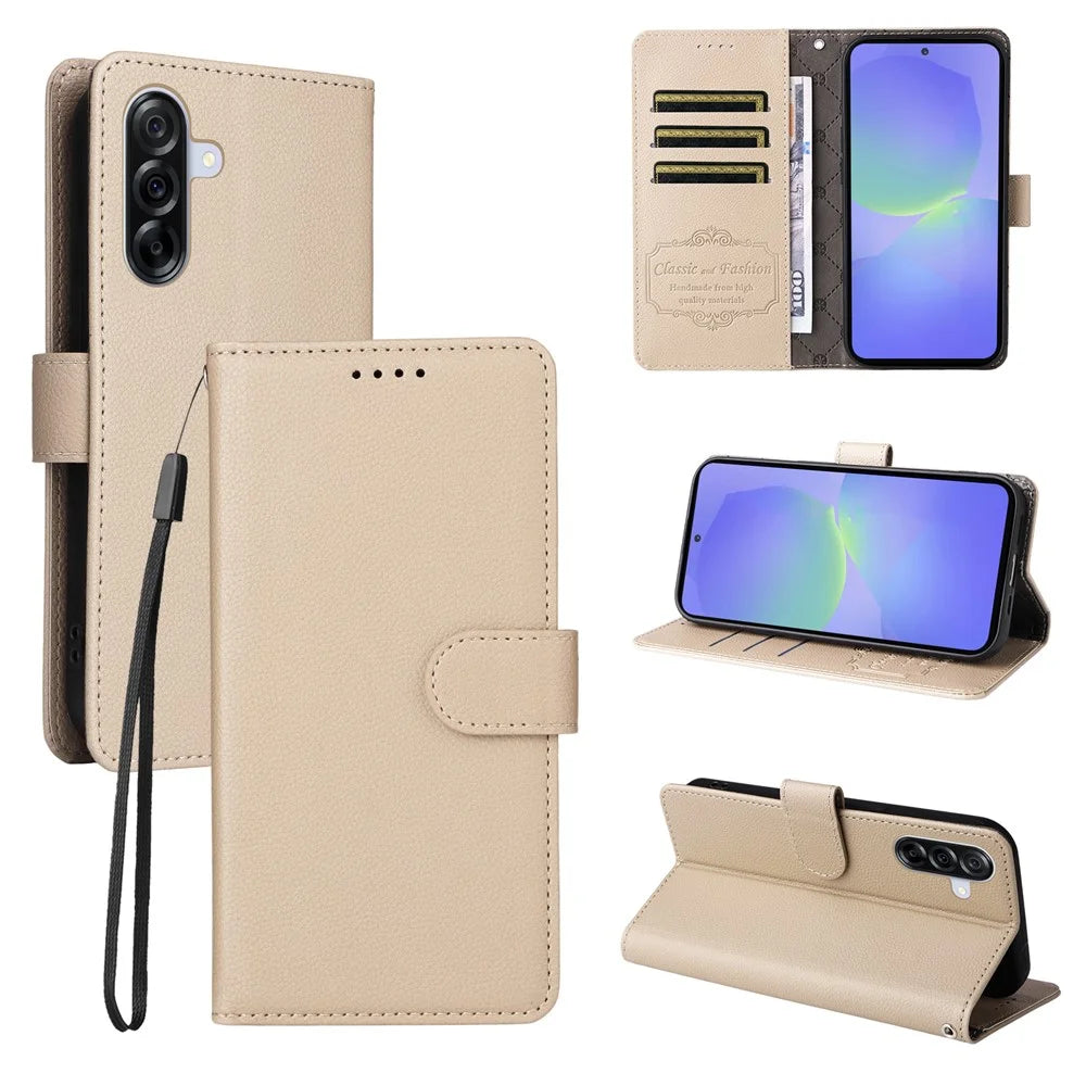 For Samsung Galaxy A36 5G Case RFID Blocking 3 Card Slots PU Leather Phone Cover with Wrist Strap - Creamy White - 4