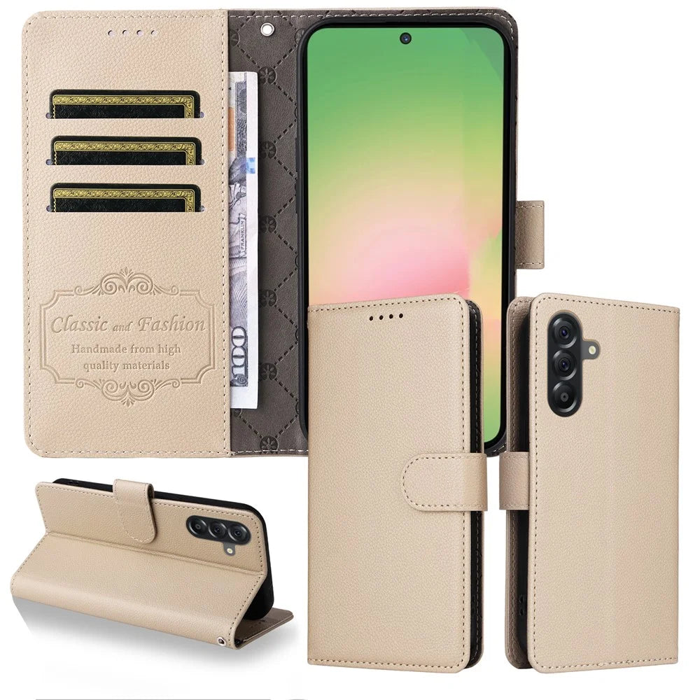 For Samsung Galaxy A56 5G Case RFID Blocking 3 Card Slots PU Leather Phone Cover with Wrist Strap - Creamy White - 3