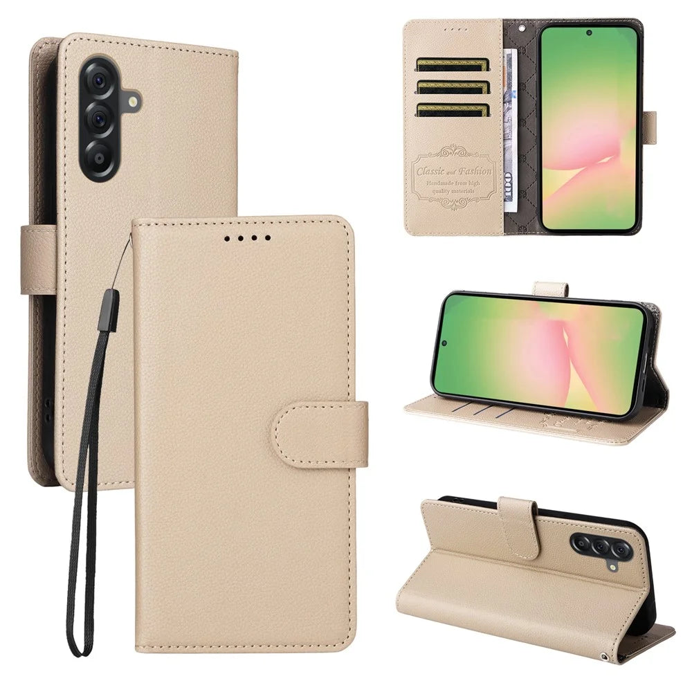 For Samsung Galaxy A56 5G Case RFID Blocking 3 Card Slots PU Leather Phone Cover with Wrist Strap - Creamy White - 4