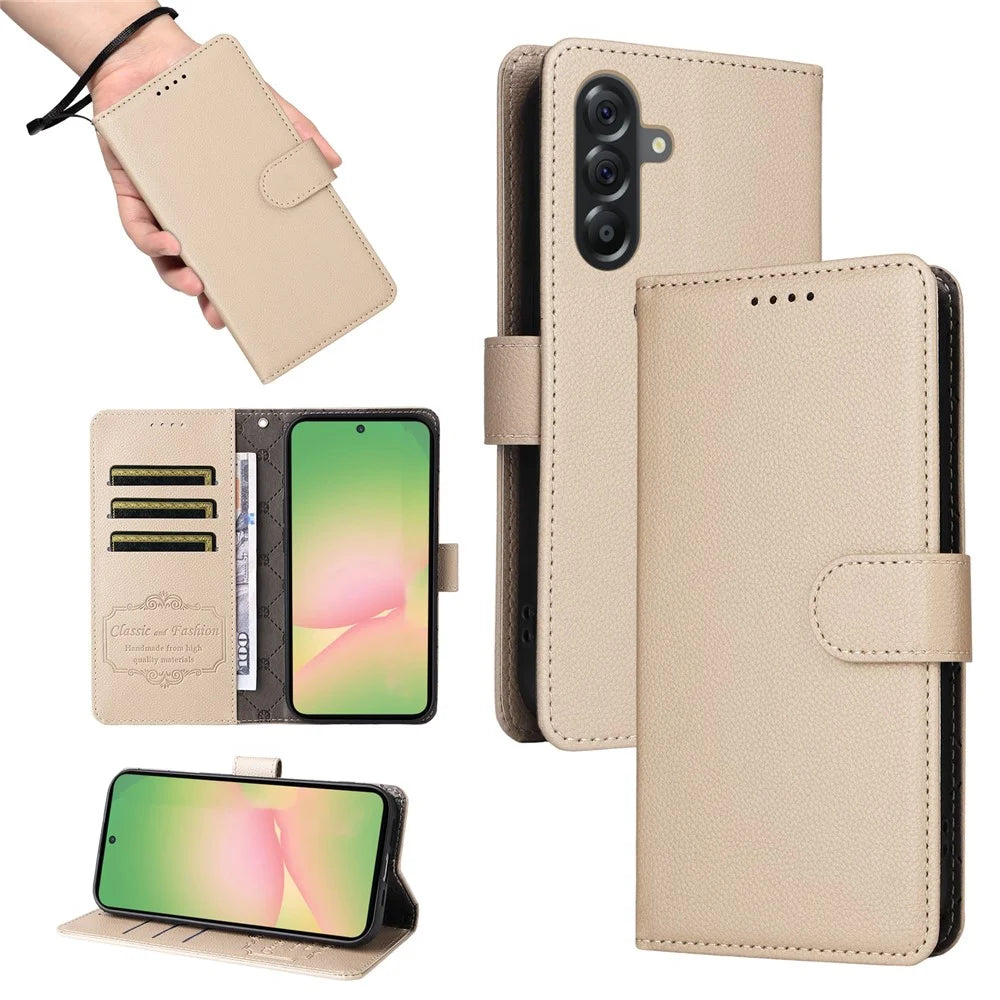 For Samsung Galaxy A56 5G Case RFID Blocking 3 Card Slots PU Leather Phone Cover with Wrist Strap - Creamy White - 5