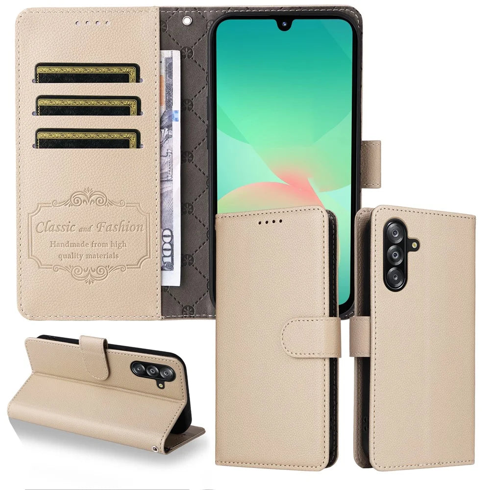 For Samsung Galaxy A18 5G / A18 4G / A17 5G / A17 4G / A26 5G / A16 5G / A16 4G Case RFID Blocking 3 Card Slots PU Leather Phone Cover with Wrist Strap - Creamy White - 3