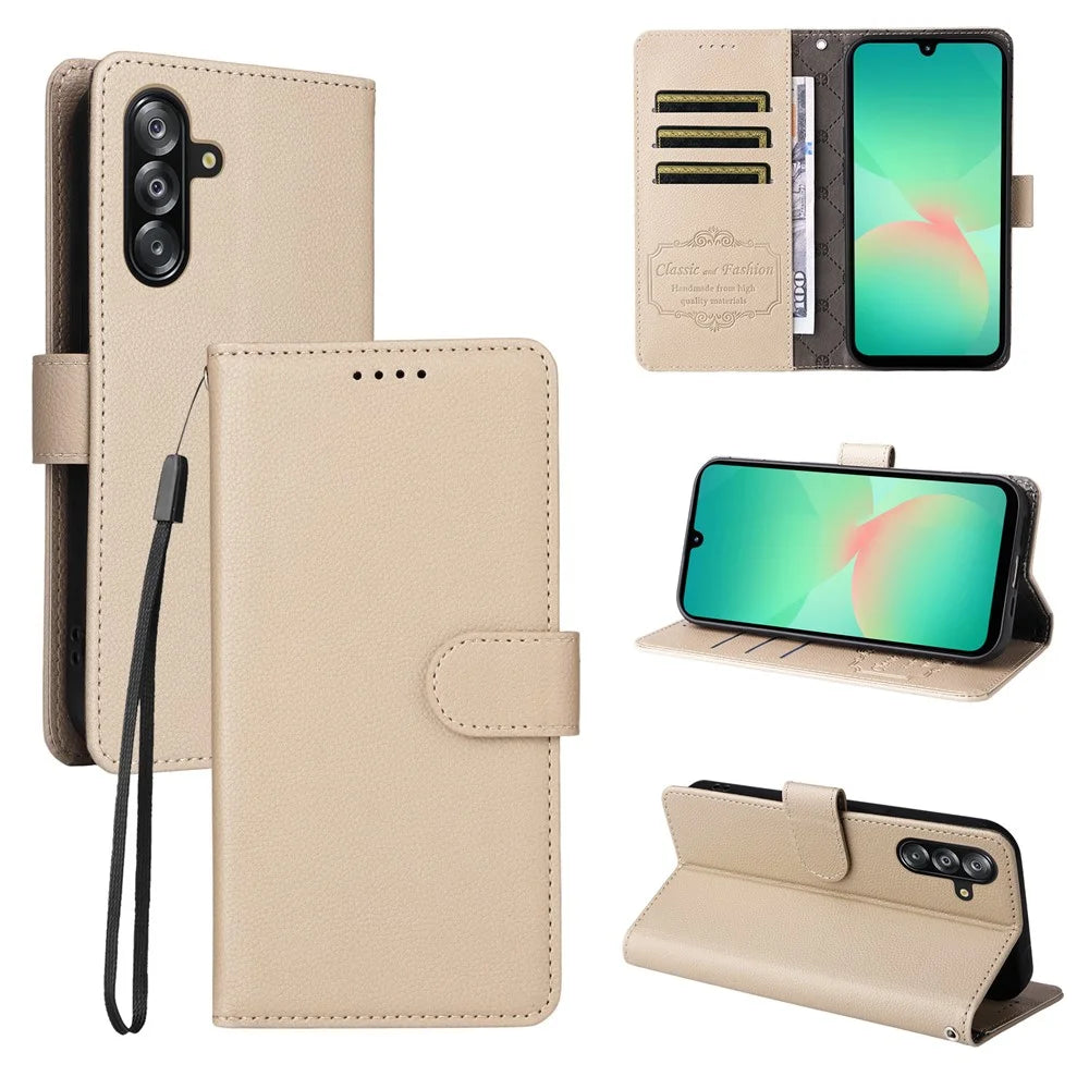 For Samsung Galaxy A18 5G / A18 4G / A17 5G / A17 4G / A26 5G / A16 5G / A16 4G Case RFID Blocking 3 Card Slots PU Leather Phone Cover with Wrist Strap - Creamy White - 4