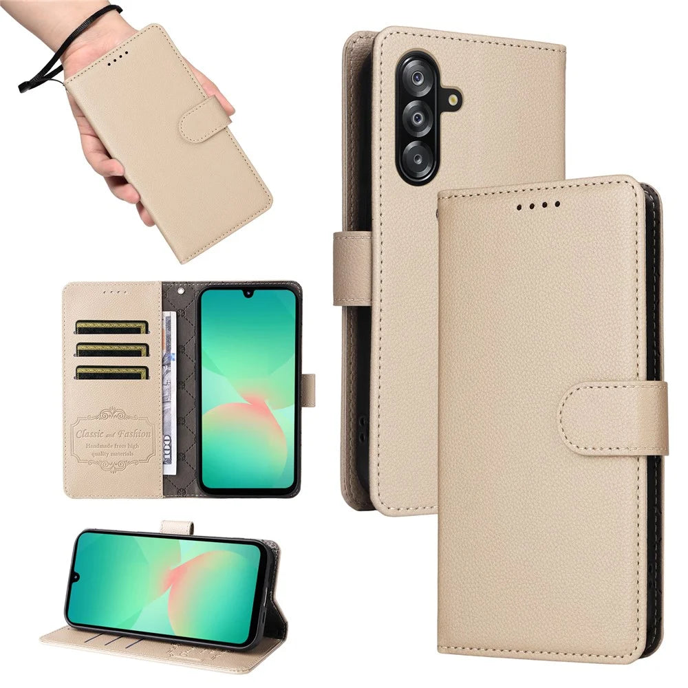 For Samsung Galaxy A18 5G / A18 4G / A17 5G / A17 4G / A26 5G / A16 5G / A16 4G Case RFID Blocking 3 Card Slots PU Leather Phone Cover with Wrist Strap - Creamy White - 5