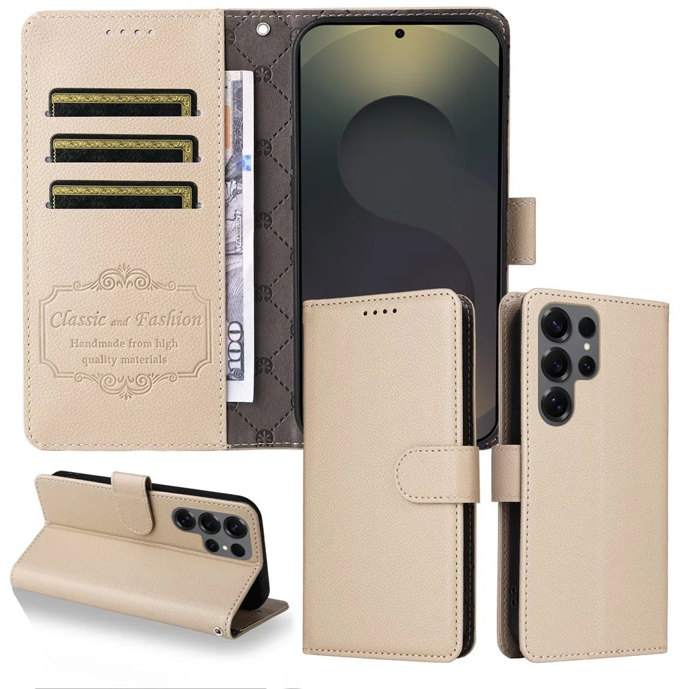 For Samsung Galaxy S25 Ultra Case RFID Blocking 3 Card Slots PU Leather Phone Cover with Wrist Strap - Creamy White - 3