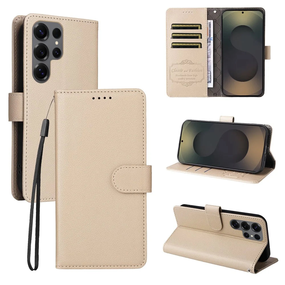 For Samsung Galaxy S25 Ultra Case RFID Blocking 3 Card Slots PU Leather Phone Cover with Wrist Strap - Creamy White - 4