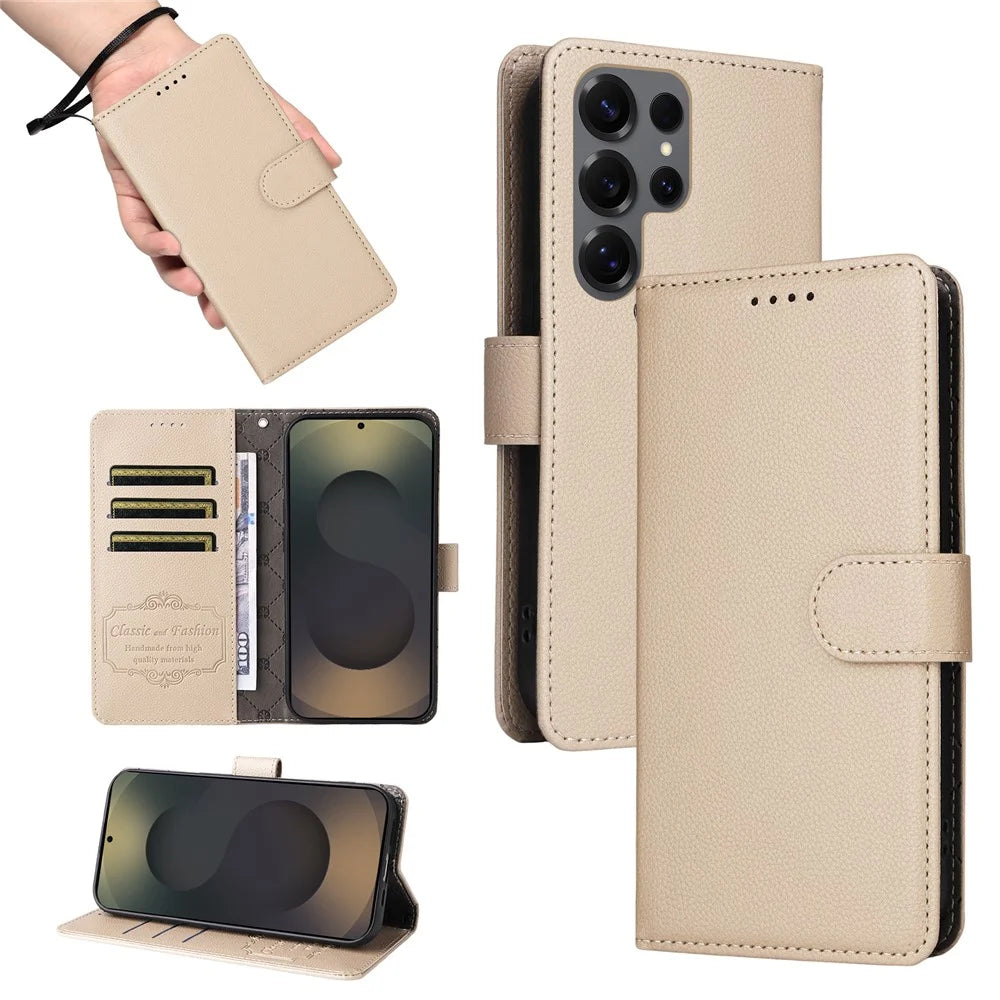 For Samsung Galaxy S25 Ultra Case RFID Blocking 3 Card Slots PU Leather Phone Cover with Wrist Strap - Creamy White - 5