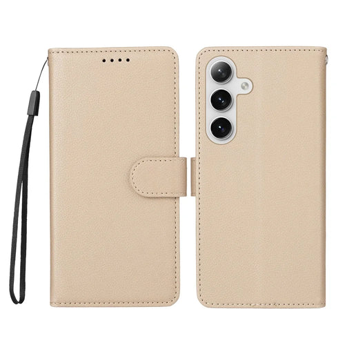 For Samsung Galaxy S24+ / Galaxy S25+ Case RFID Blocking 3 Card Slots PU Leather Phone Cover with Wrist Strap - Creamy White - 1