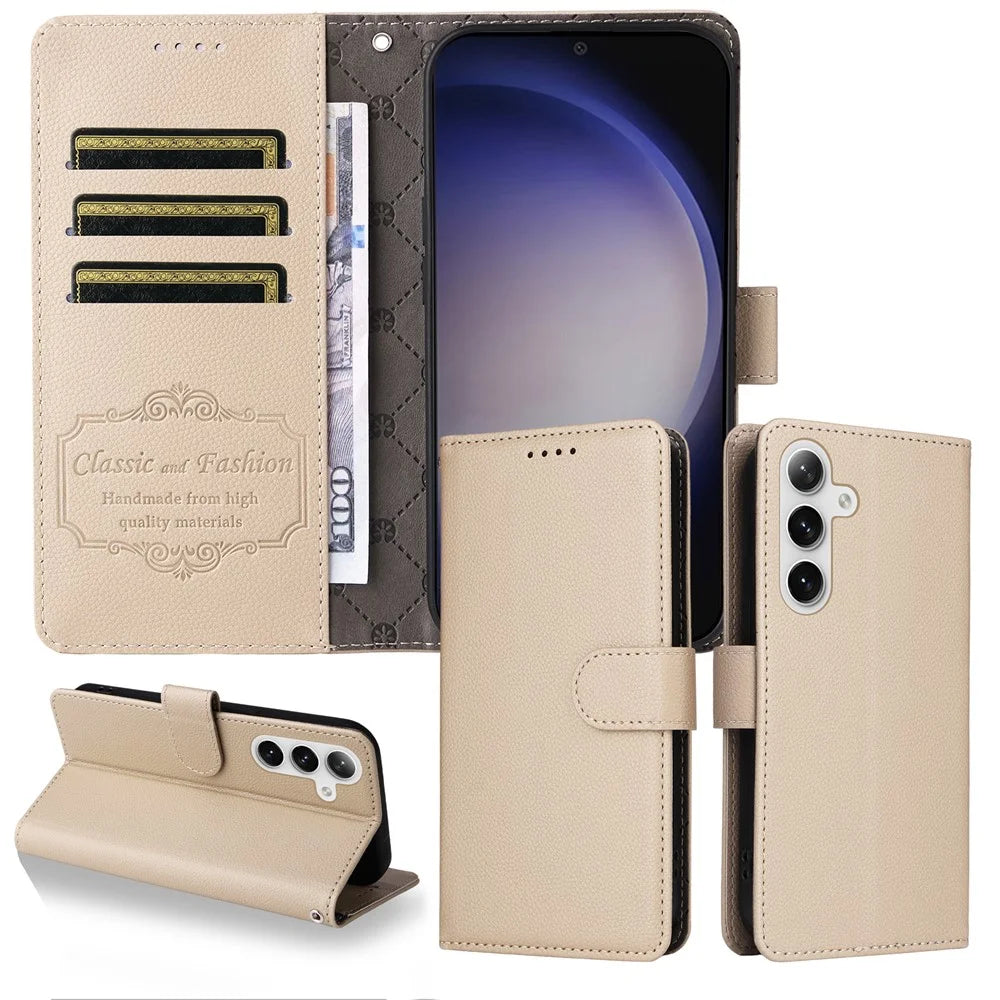 For Samsung Galaxy S24+ / Galaxy S25+ Case RFID Blocking 3 Card Slots PU Leather Phone Cover with Wrist Strap - Creamy White - 3