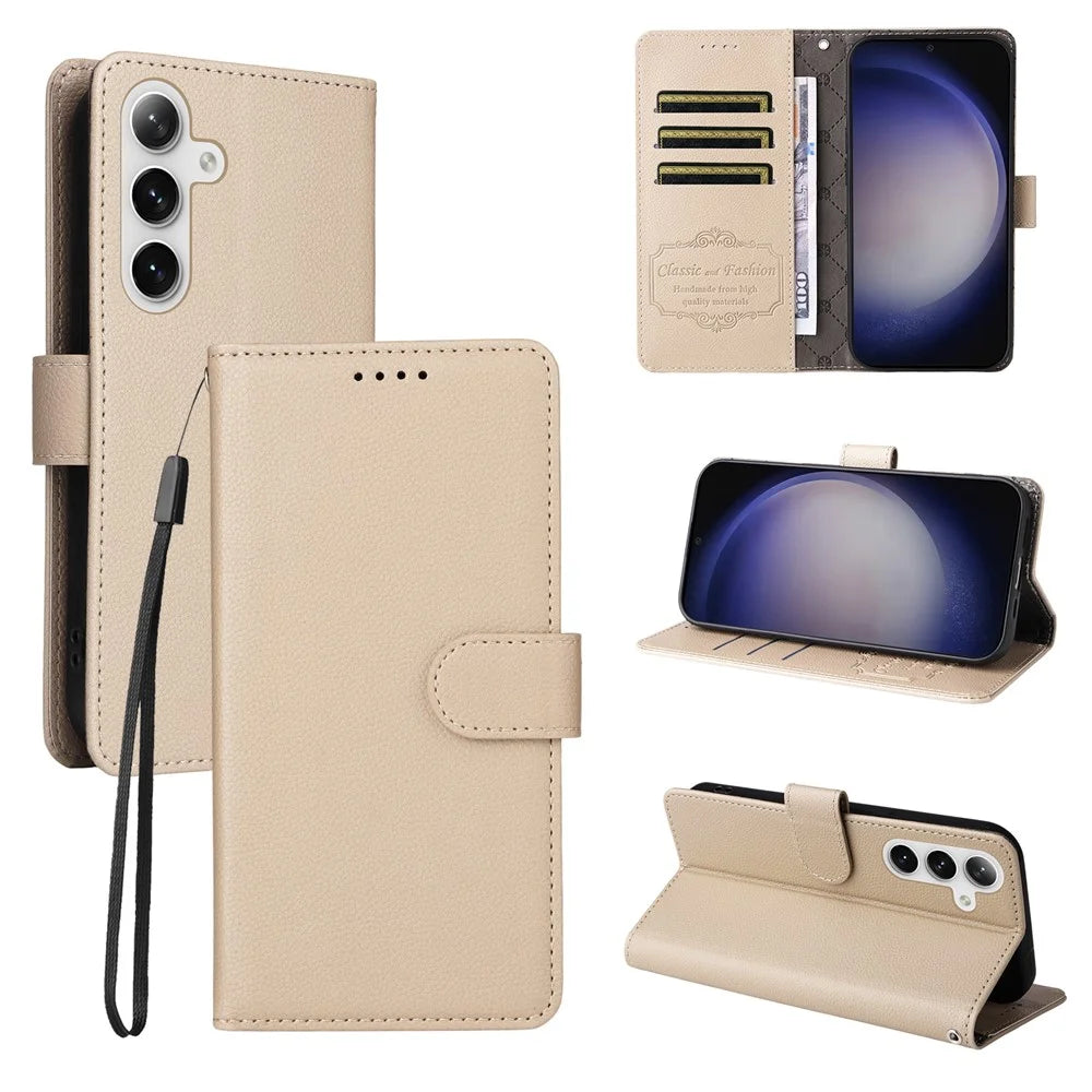 For Samsung Galaxy S24+ / Galaxy S25+ Case RFID Blocking 3 Card Slots PU Leather Phone Cover with Wrist Strap - Creamy White - 4