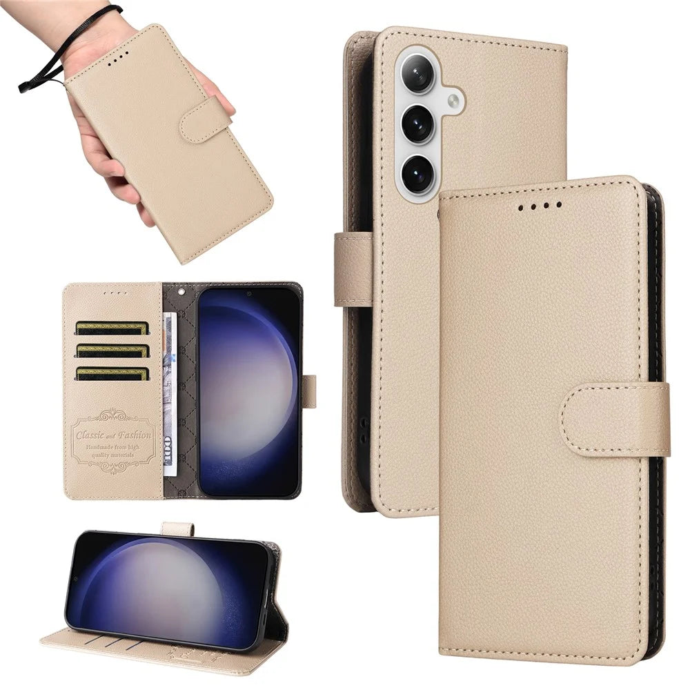 For Samsung Galaxy S24+ / Galaxy S25+ Case RFID Blocking 3 Card Slots PU Leather Phone Cover with Wrist Strap - Creamy White - 5