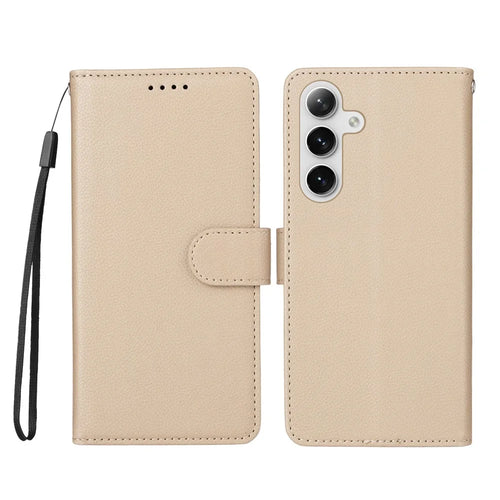 For Samsung Galaxy S24 / Galaxy S25 Case RFID Blocking 3 Card Slots PU Leather Phone Cover with Wrist Strap - Creamy White - 1